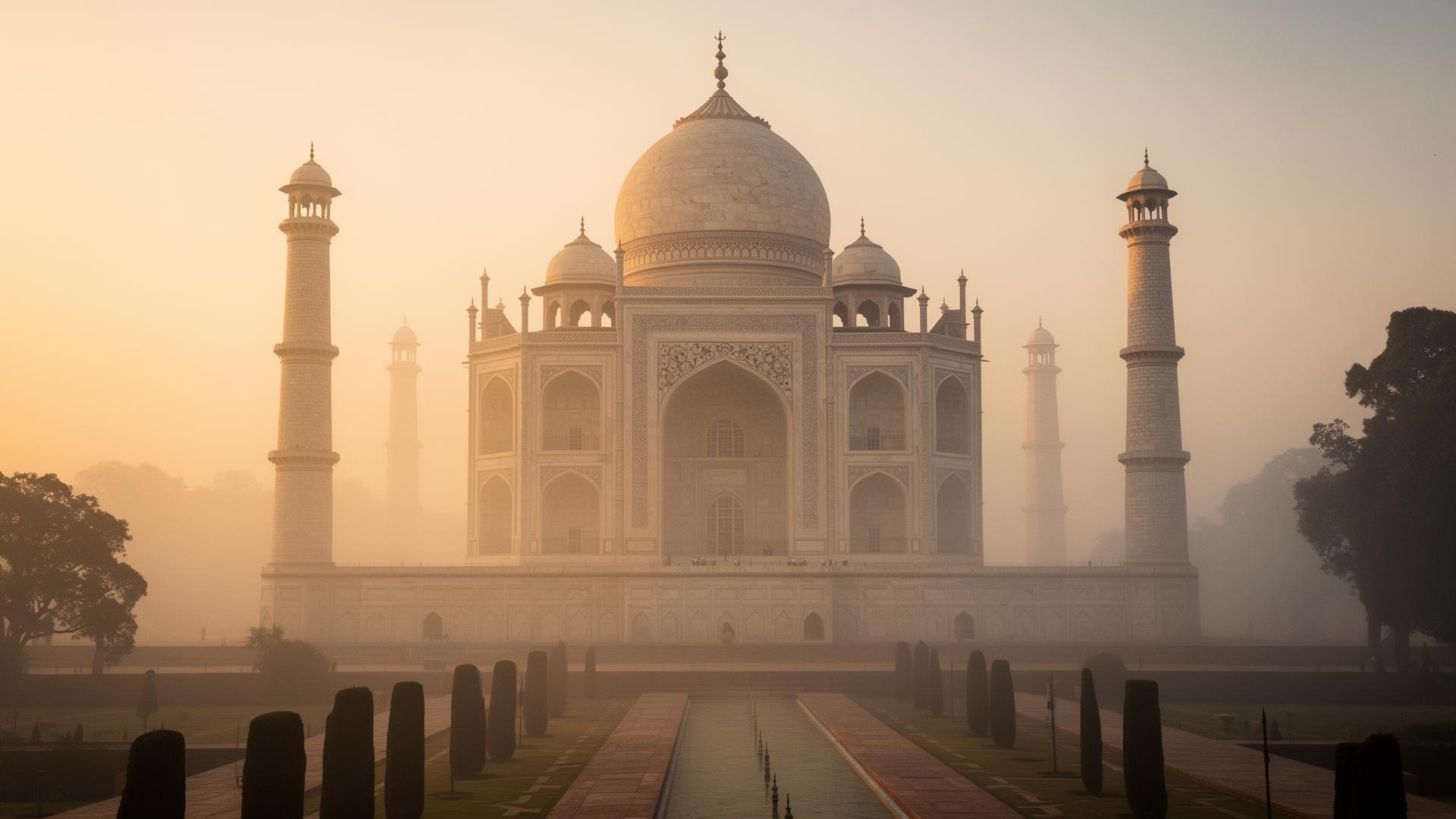 Taj Mahal at dawn through morning mist