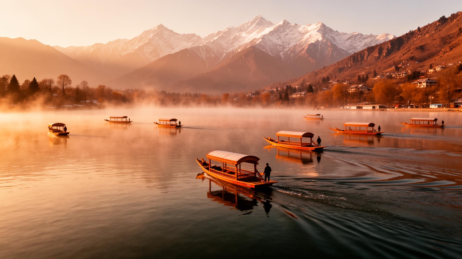 Misty sunrise on Dal Lake, Kashmir, with traditional shikara boats and Himalayan peaks beyond